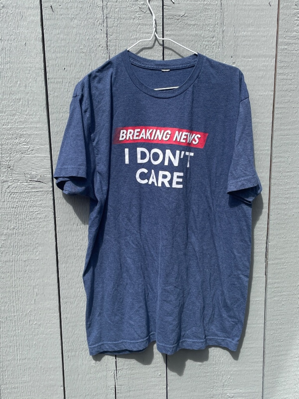 Breaking News I Don't Care Tee Shirt Mens Large Blue Statement Graphic